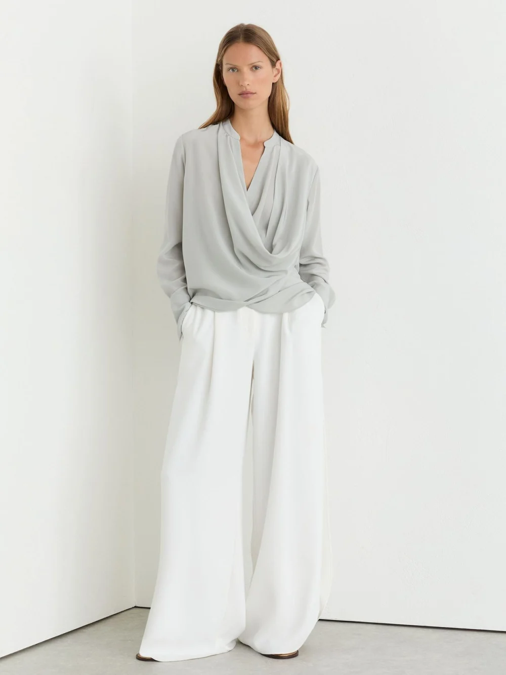Reiss Grey Matte Silk Draped Shirt, view 4