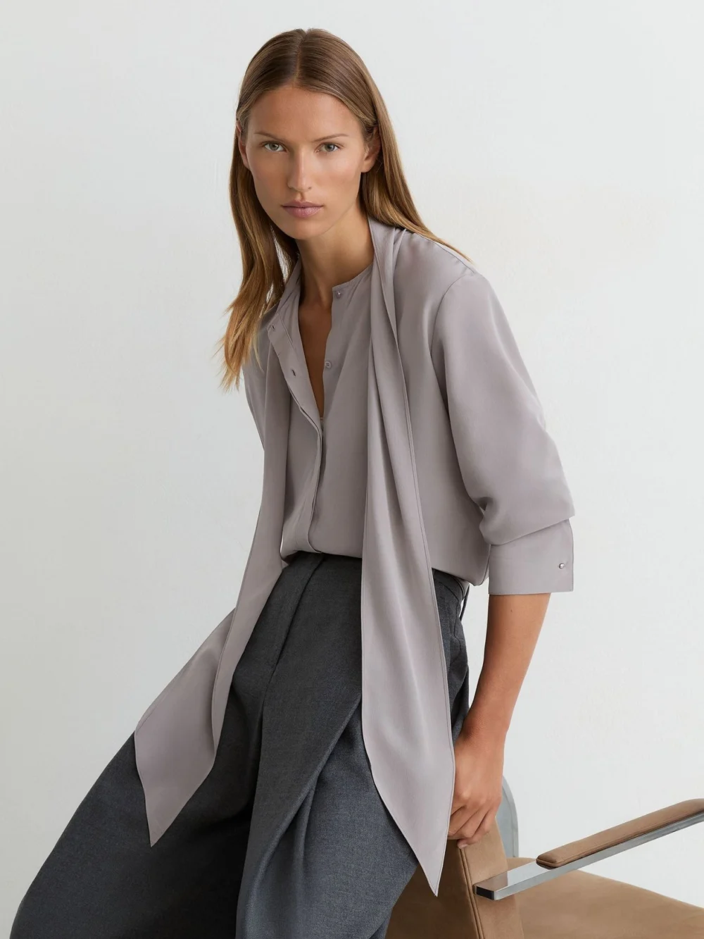 Reiss Grey Matte-silk Tie-neck Blouse