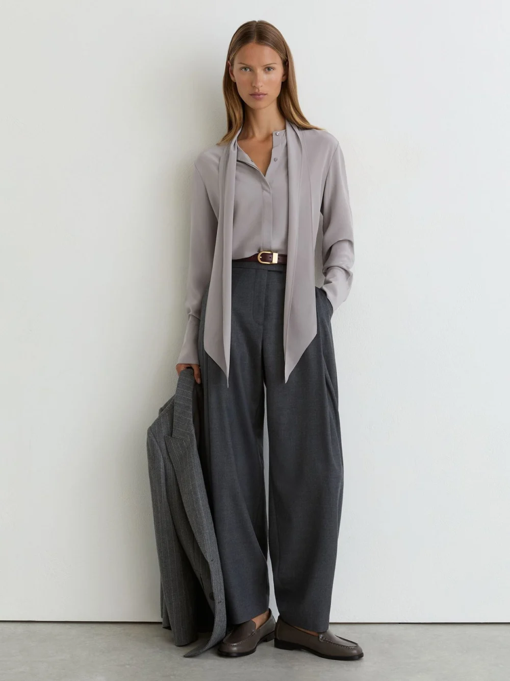 Reiss Grey Matte-silk Tie-neck Blouse, view 3