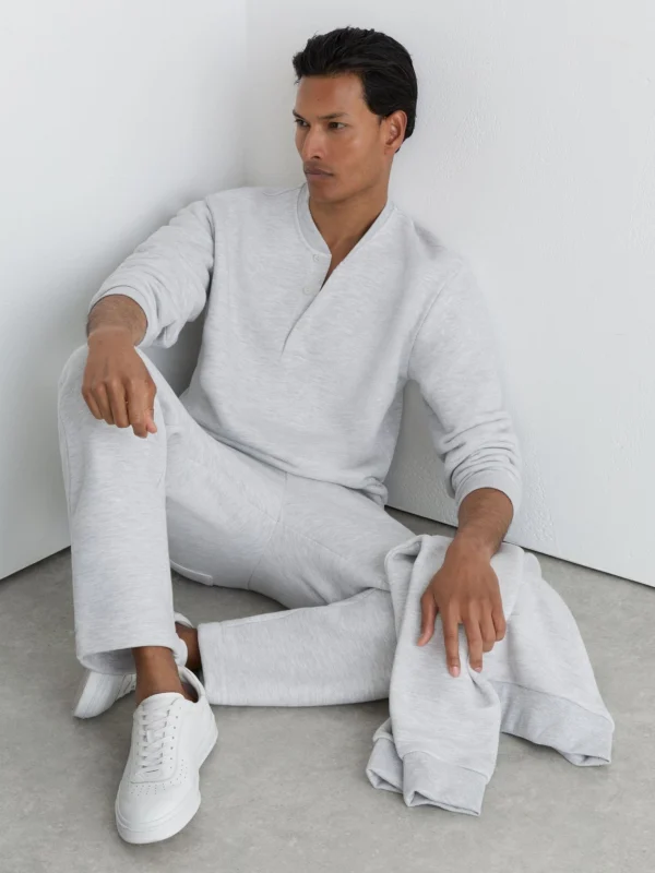 Reiss Grey Melange Cotton-blend Henley Sweatshirt