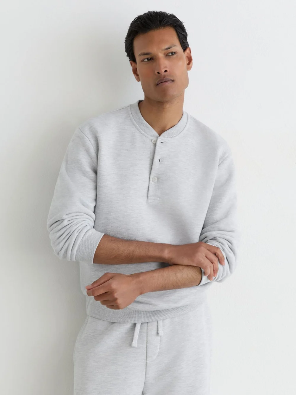 Reiss Grey Melange Cotton-blend Henley Sweatshirt, view 4