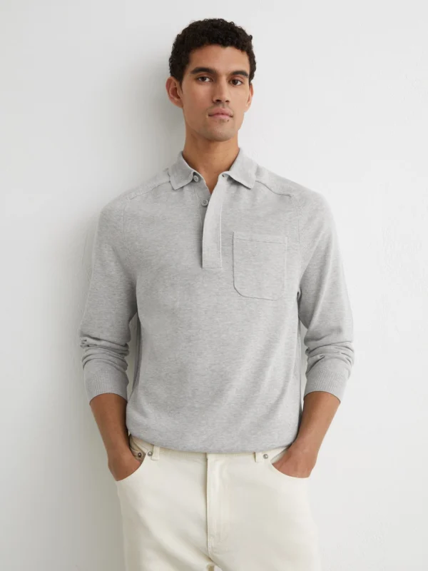 Reiss Grey Melange Cotton Concealed-placket Polo Shirt