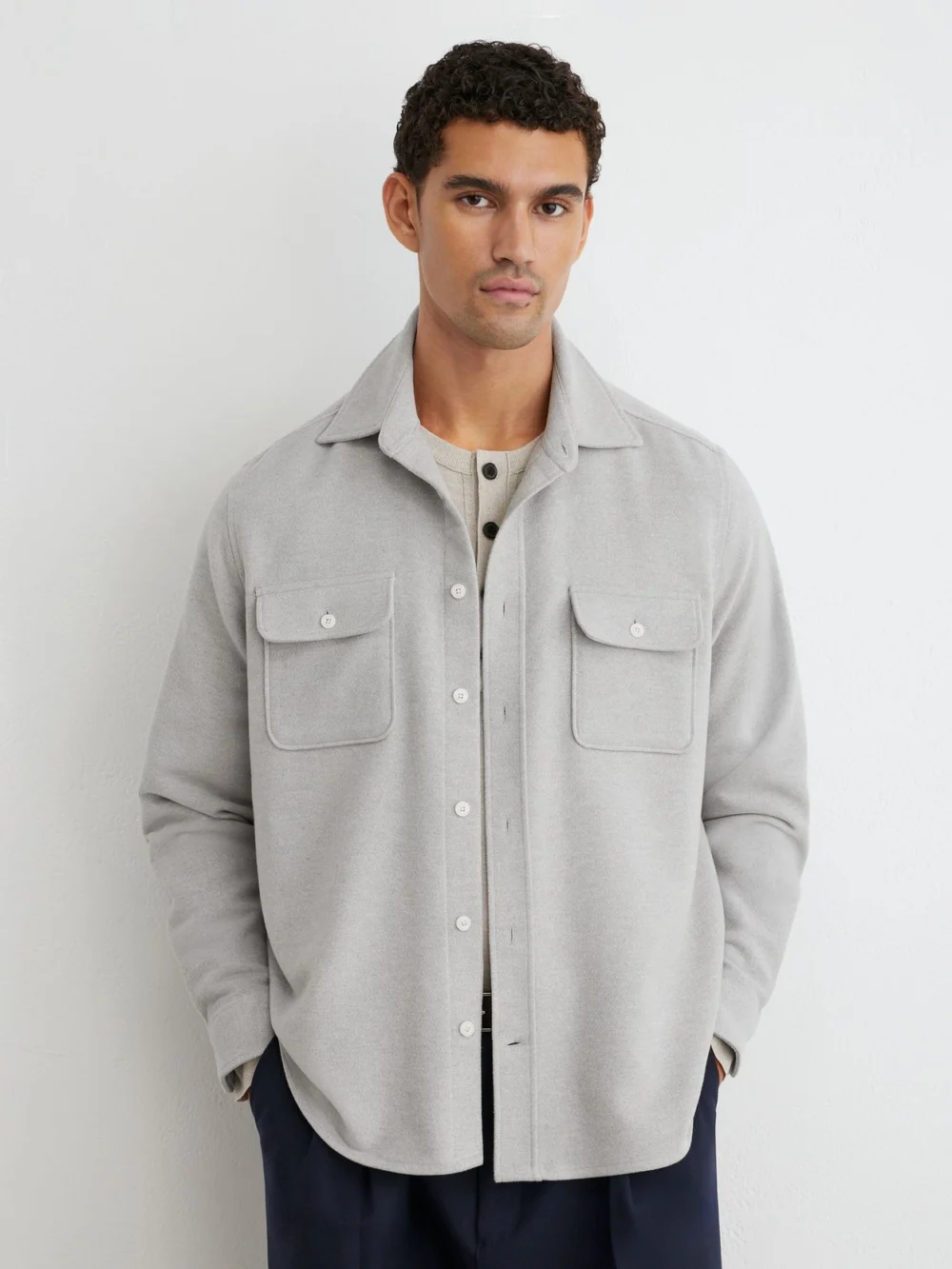 Reiss Grey Melange Cotton Moleskin Twin-pocket Overshirt