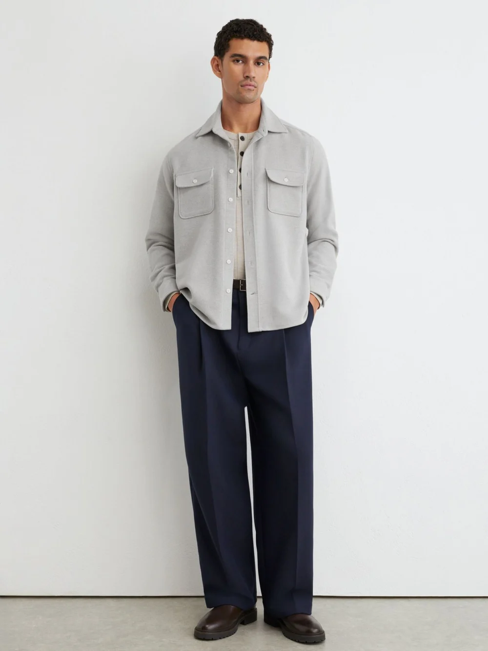 Reiss Grey Melange Cotton Moleskin Twin-pocket Overshirt, view 3