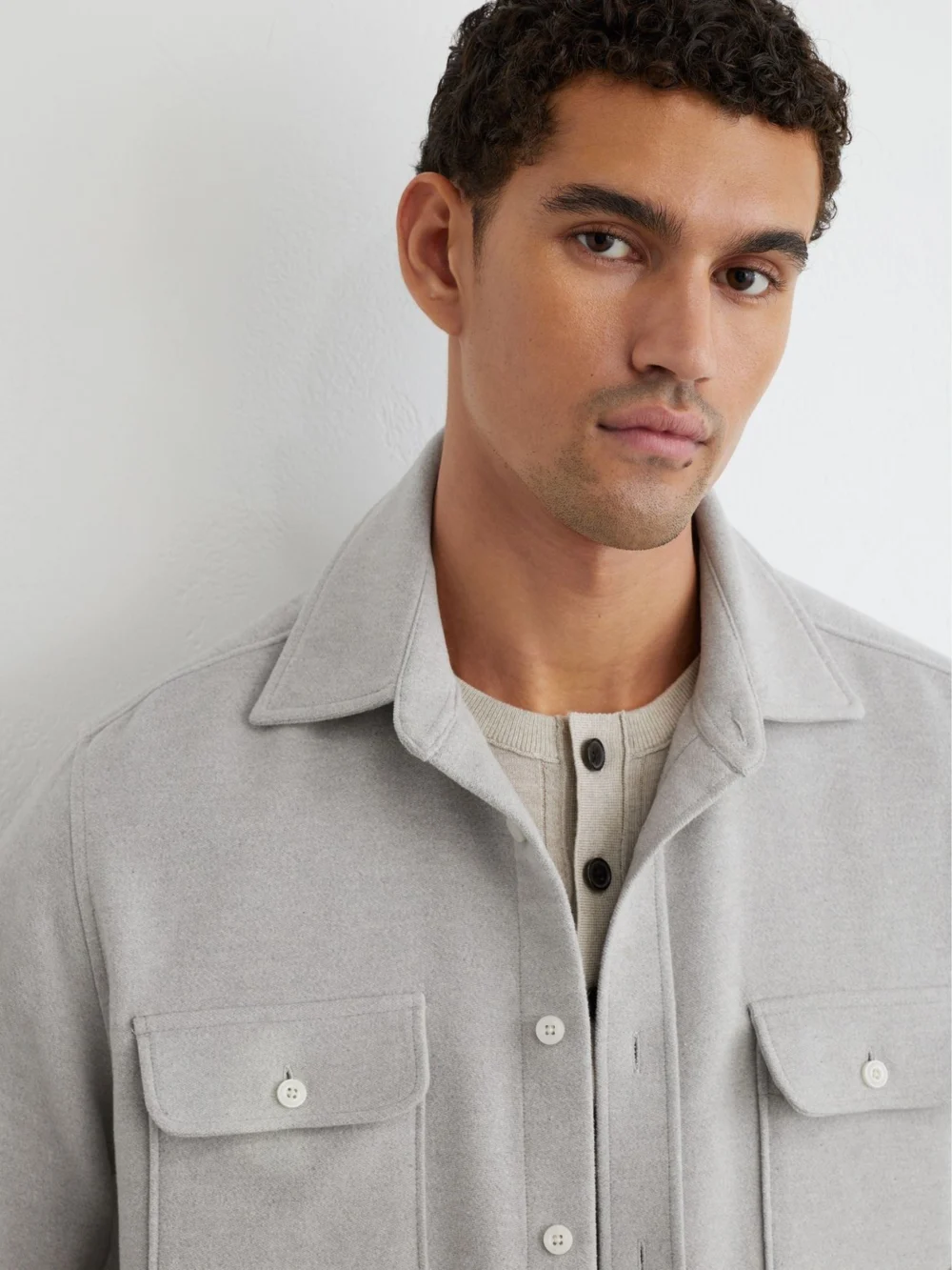 Reiss Grey Melange Cotton Moleskin Twin-pocket Overshirt, view 4