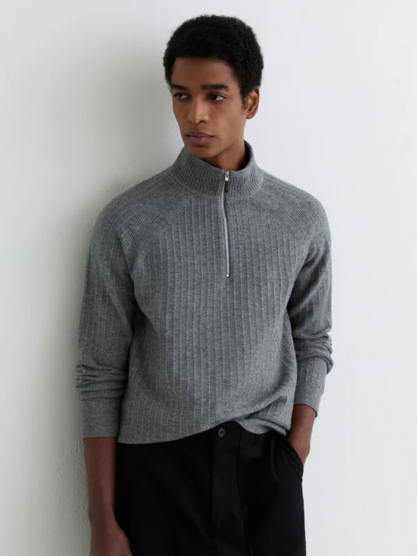 Reiss Grey Melange Textured-knit Half-zip Jumper with Wool