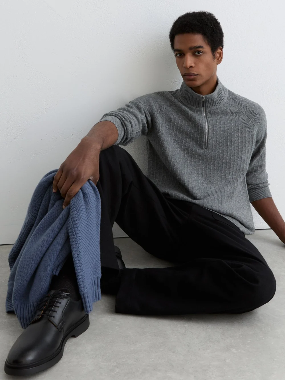 Reiss Grey Melange Textured-knit Half-zip Jumper with Wool, view 4