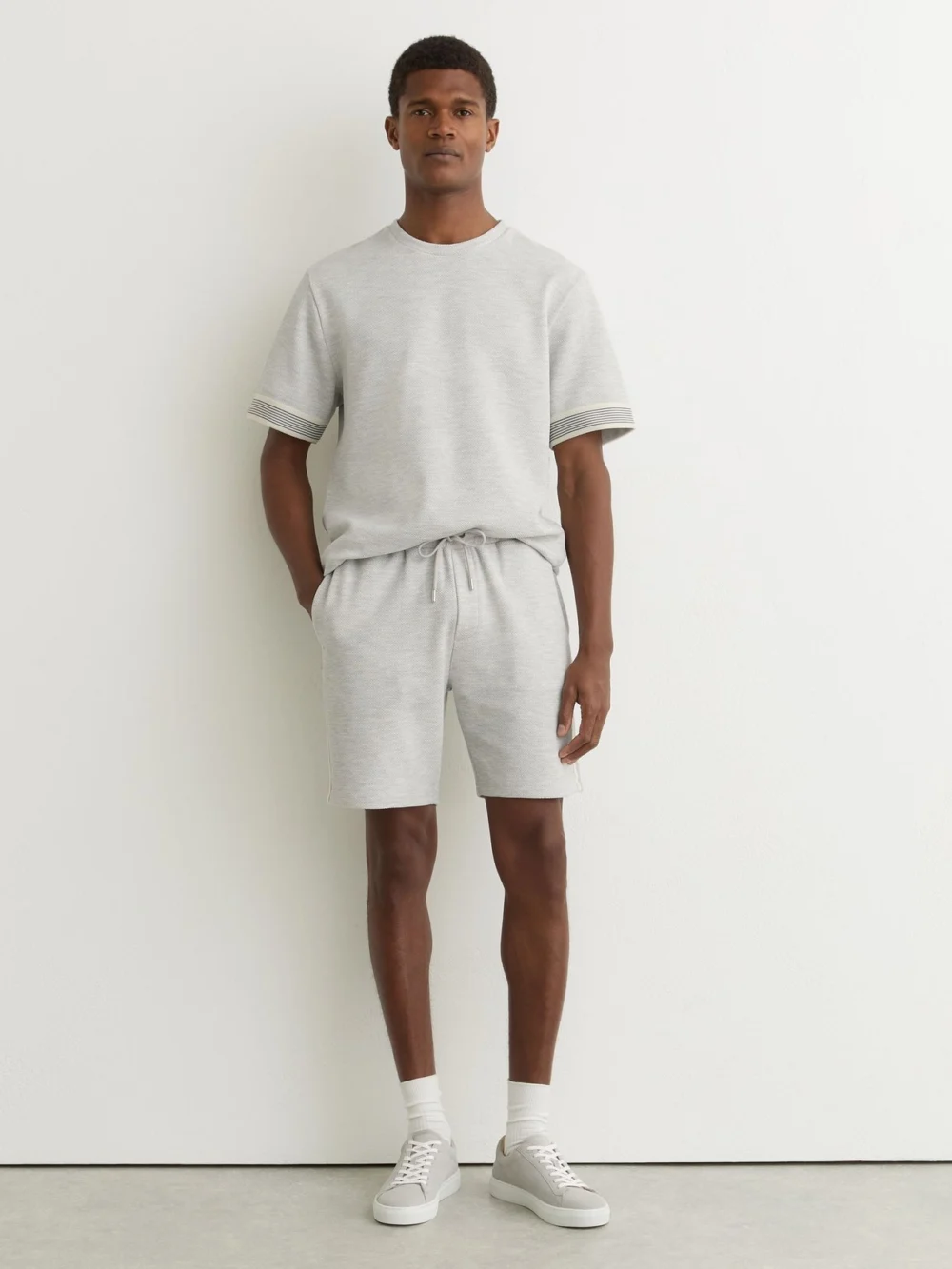 Reiss Grey Melange Textured Side-stripe Drawstring Shorts