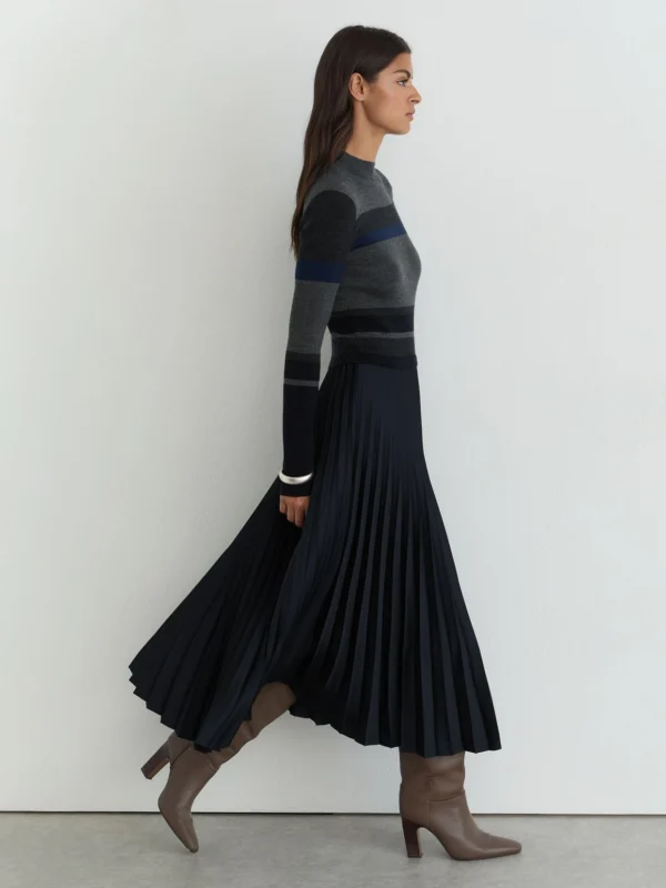 Reiss Grey Petite Striped Knit Mix Pleated Midi Dress