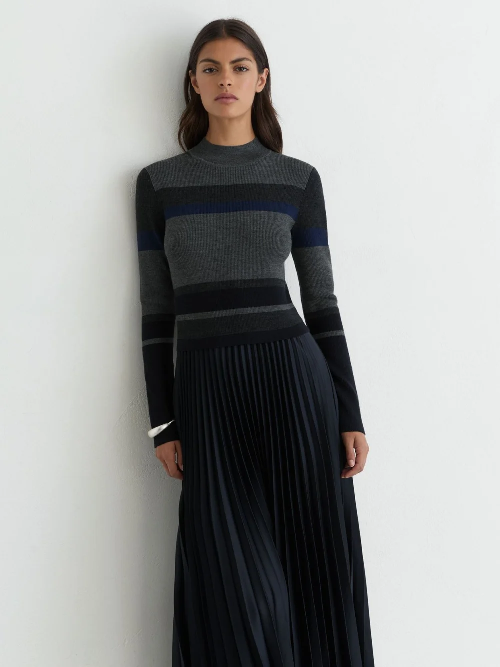 Reiss Grey Petite Striped Knit Mix Pleated Midi Dress, view 4