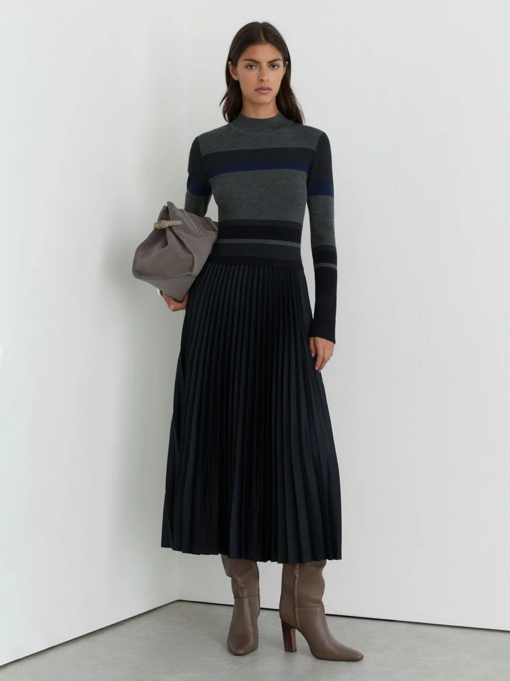 Reiss Grey Petite Striped Knit Mix Pleated Midi Dress, view 5