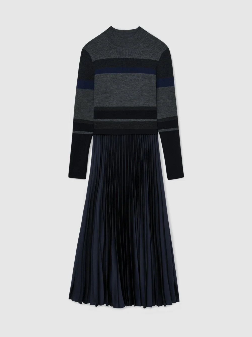 Reiss Grey Petite Striped Knit Mix Pleated Midi Dress, view 6
