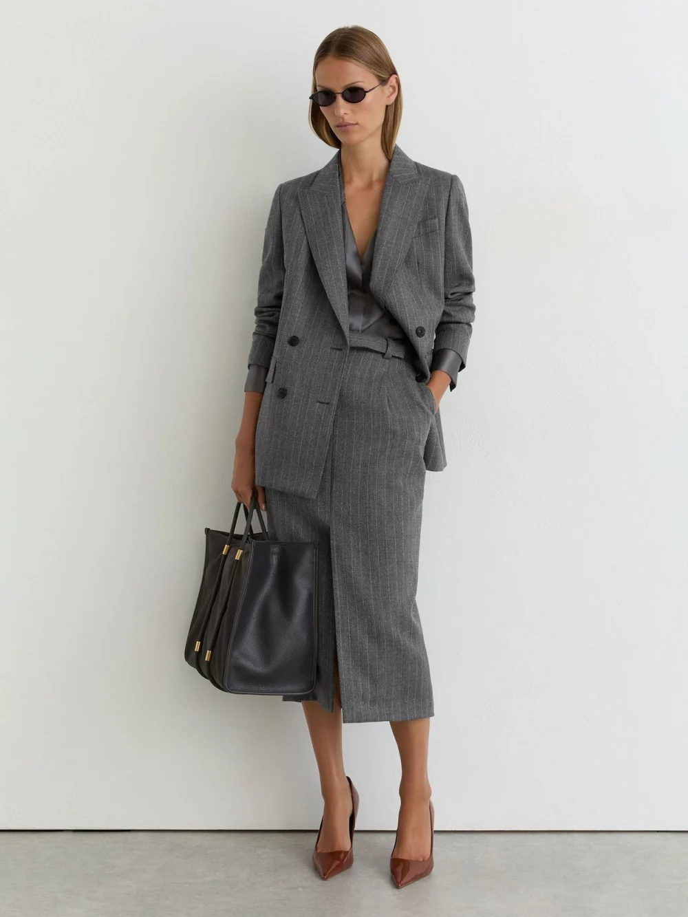 Reiss Grey Petite Wool Pinstripe Belted Pencil Skirt