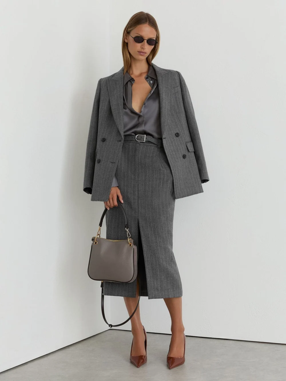 Reiss Grey Petite Wool Pinstripe Belted Pencil Skirt, view 4