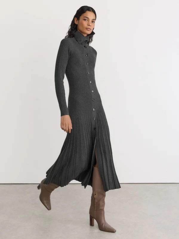 Reiss Grey Pleated Knit Collared Midi Dress
