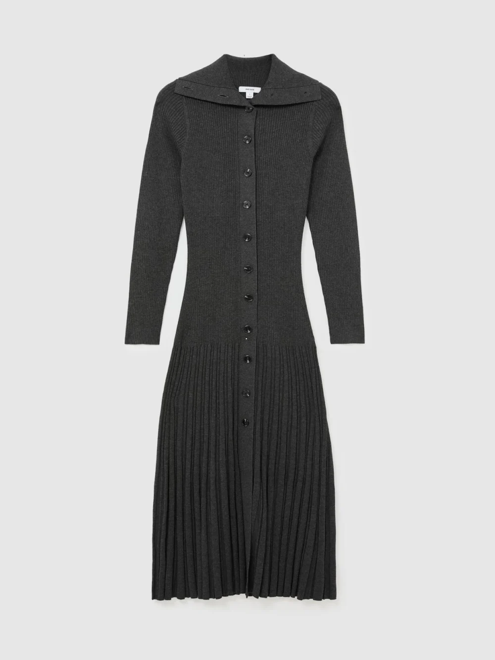 Reiss Grey Pleated Knit Collared Midi Dress, view 2