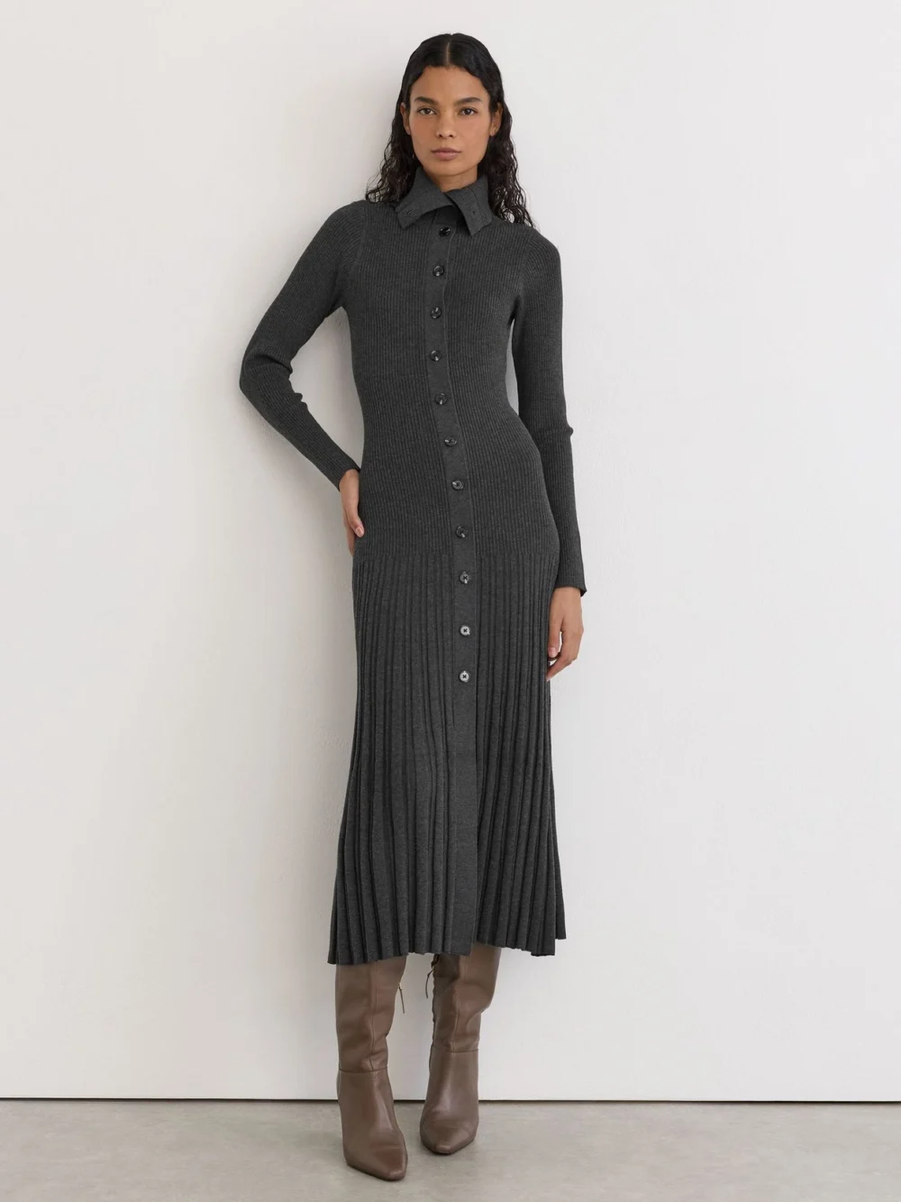 Reiss Grey Pleated Knit Collared Midi Dress, view 4