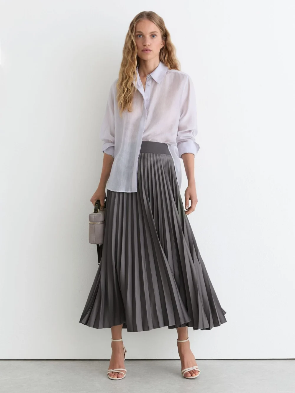 Reiss Grey Pleated Midi Skirt, view 4