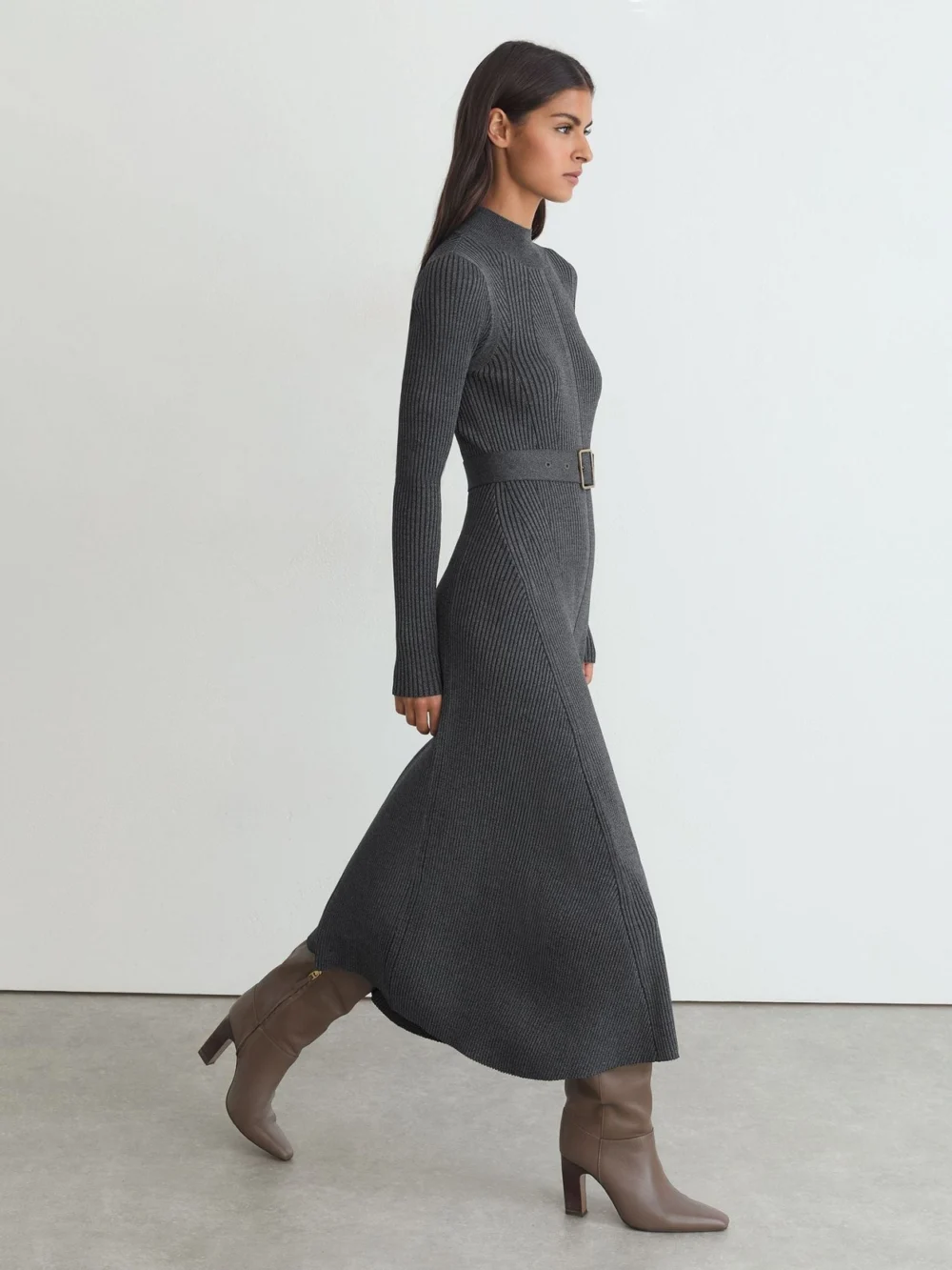 Reiss Grey Rib-knit Belted Midi Dress