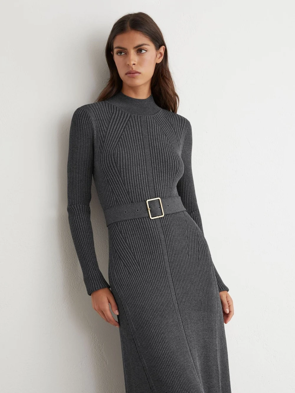 Reiss Grey Rib-knit Belted Midi Dress, view 3