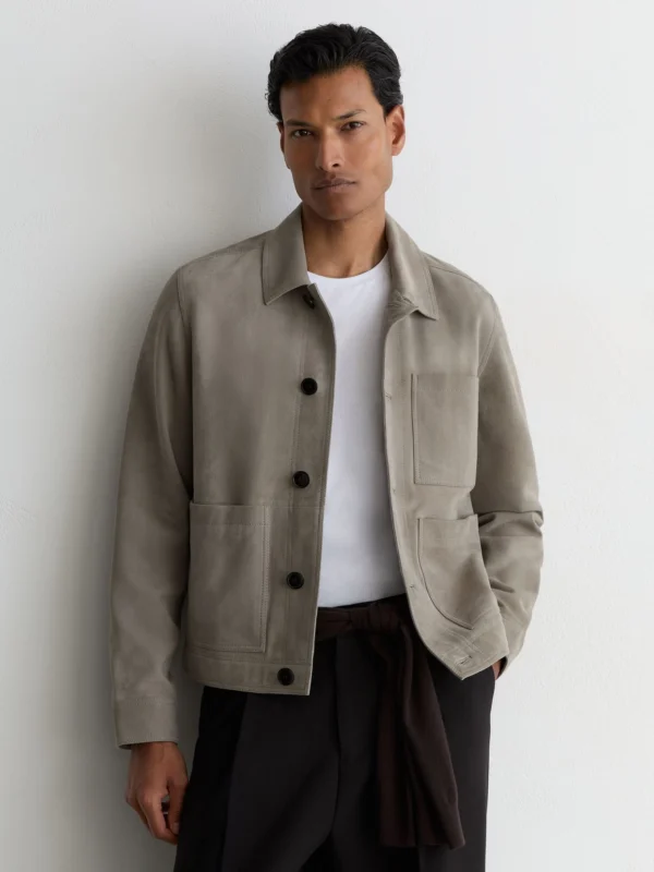 Reiss Grey Suede Button-through Trucker Jacket
