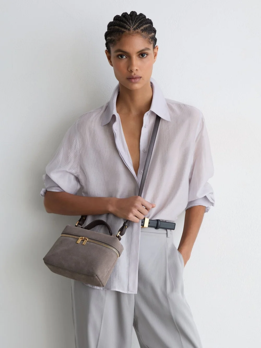 Reiss Grey Suede Vanity Crossbody Bag,
