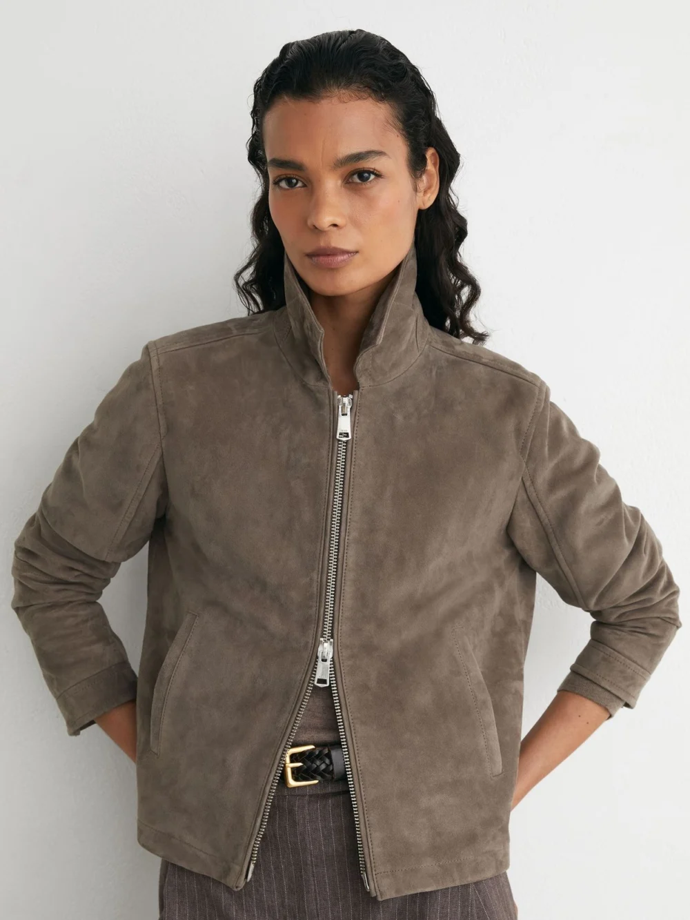 Reiss Grey Suede Zip-through Moto Jacket
