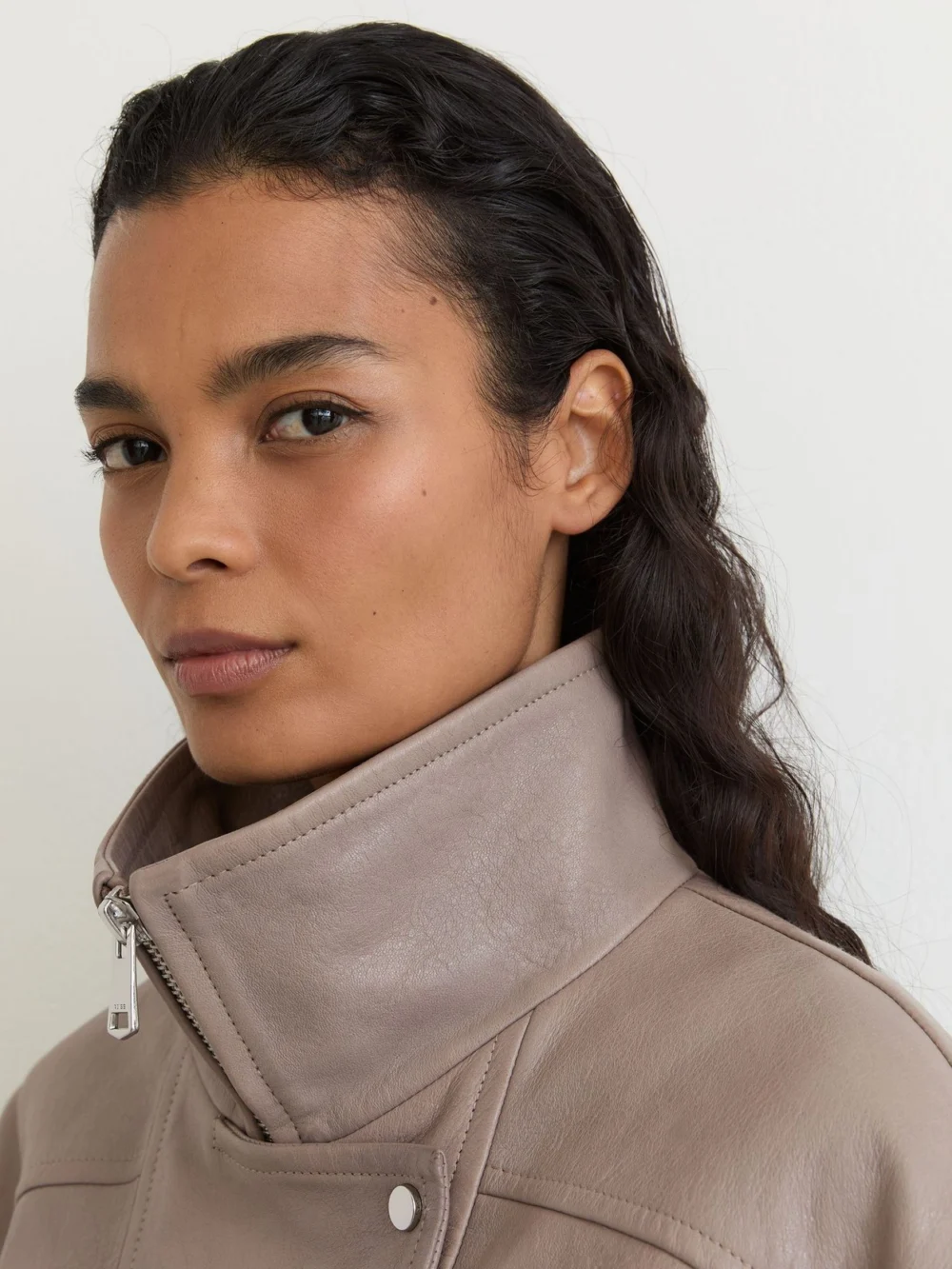 Reiss Grey Textured Leather Oversized Jacket, view 3