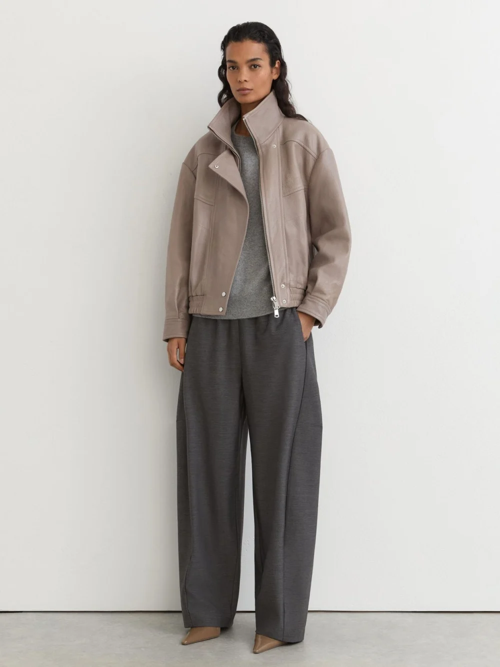 Reiss Grey Textured Leather Oversized Jacket, view 4