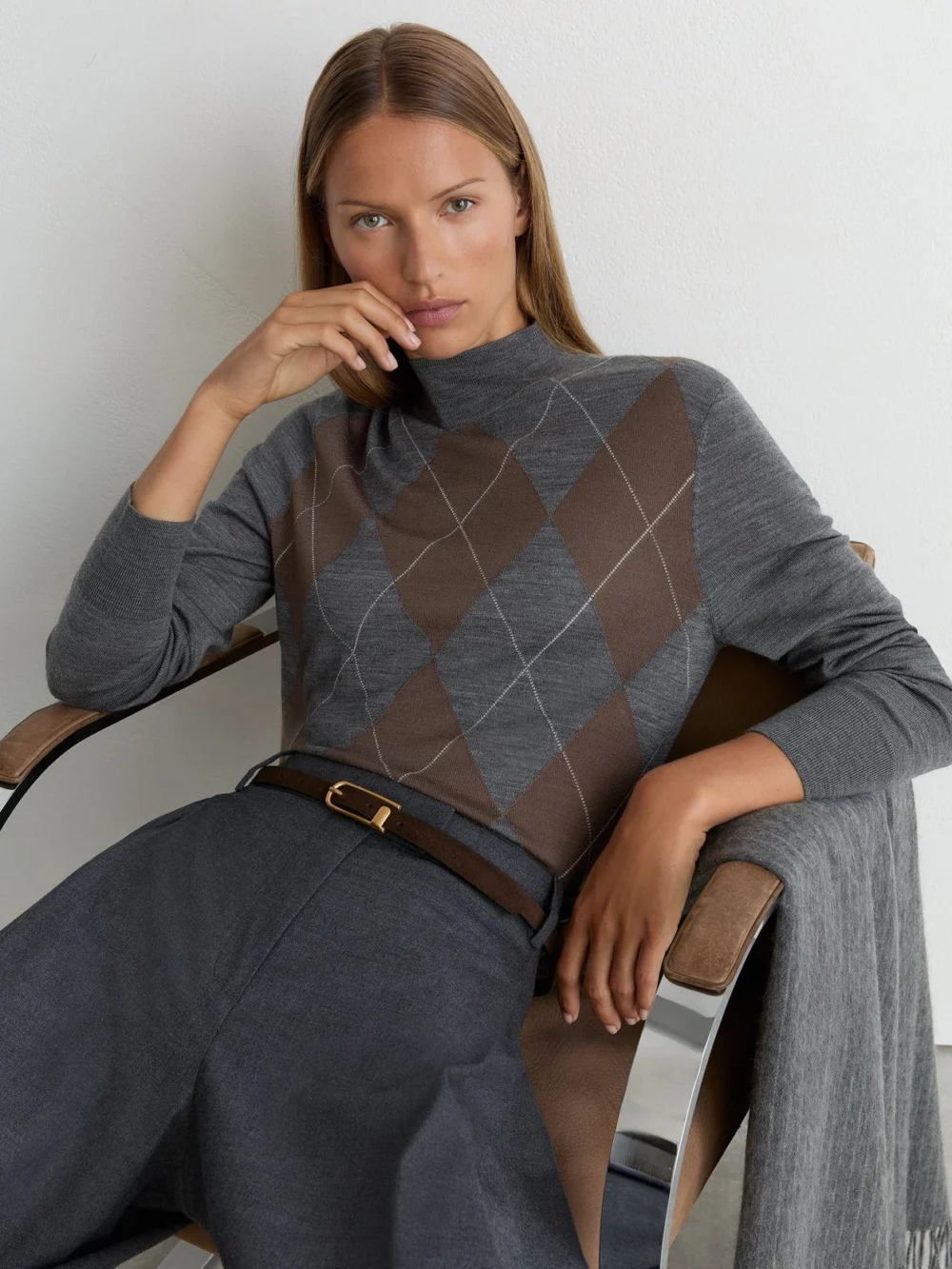 Reiss Grey Ultra-soft Merino Wool Argyle Funnel-neck Jumper