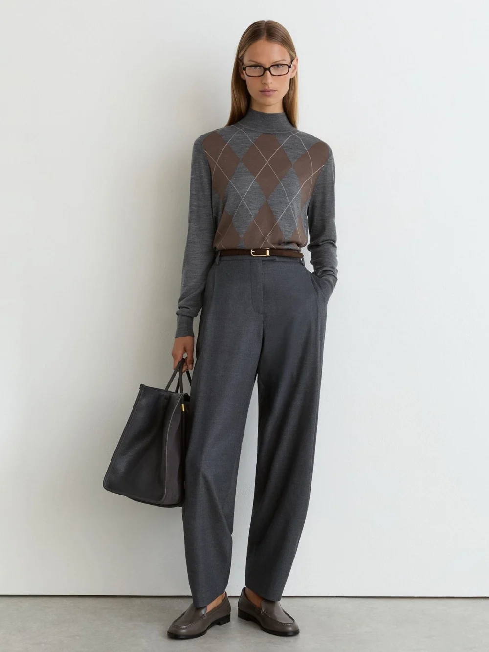 Reiss Grey Ultra-soft Merino Wool Argyle Funnel-neck Jumper, view 3