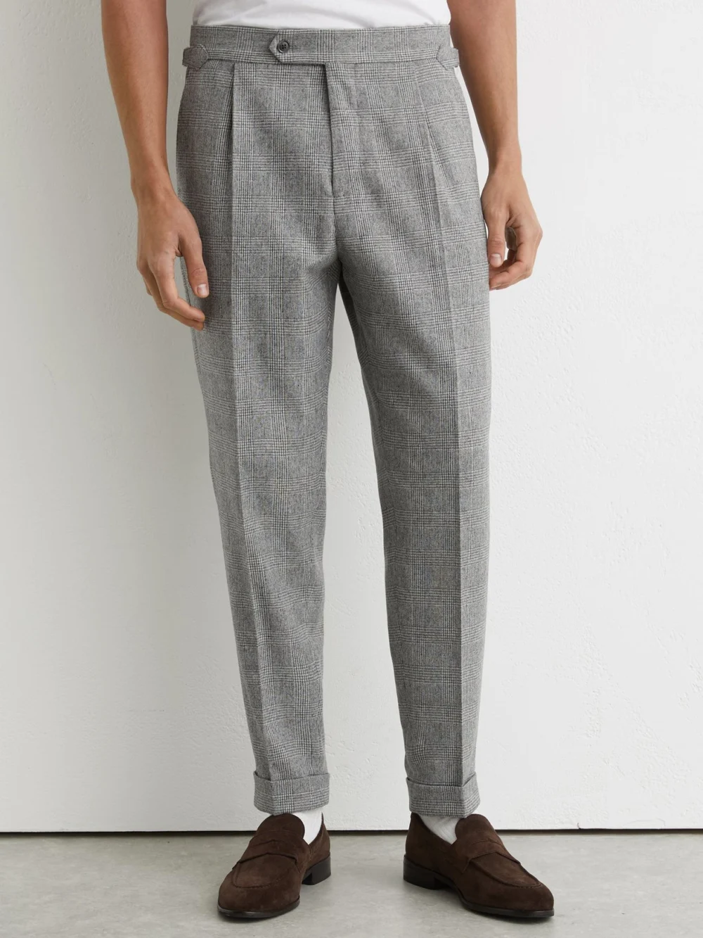 Reiss Grey Wool-blend Check Tapered Trousers, view 4