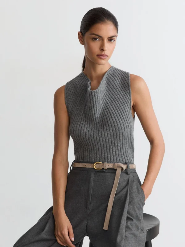 Reiss Grey Wool-blend Ribbed Cowl-neck Vest with Cashmere