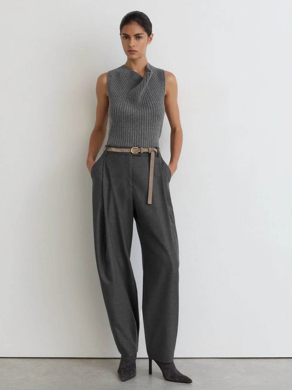 Reiss Grey Wool-blend Ribbed Cowl-neck Vest with Cashmere, view 3