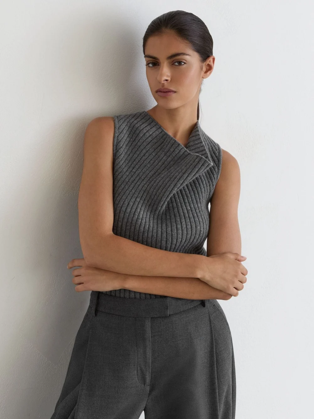 Reiss Grey Wool-blend Ribbed Cowl-neck Vest with Cashmere, view 4