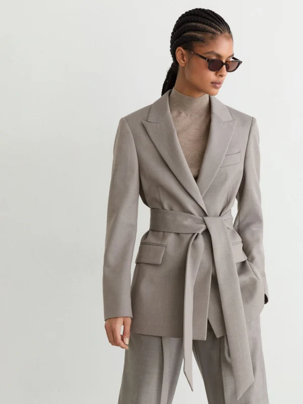 Reiss Grey Wool-blend Single-breasted Belted Blazer
