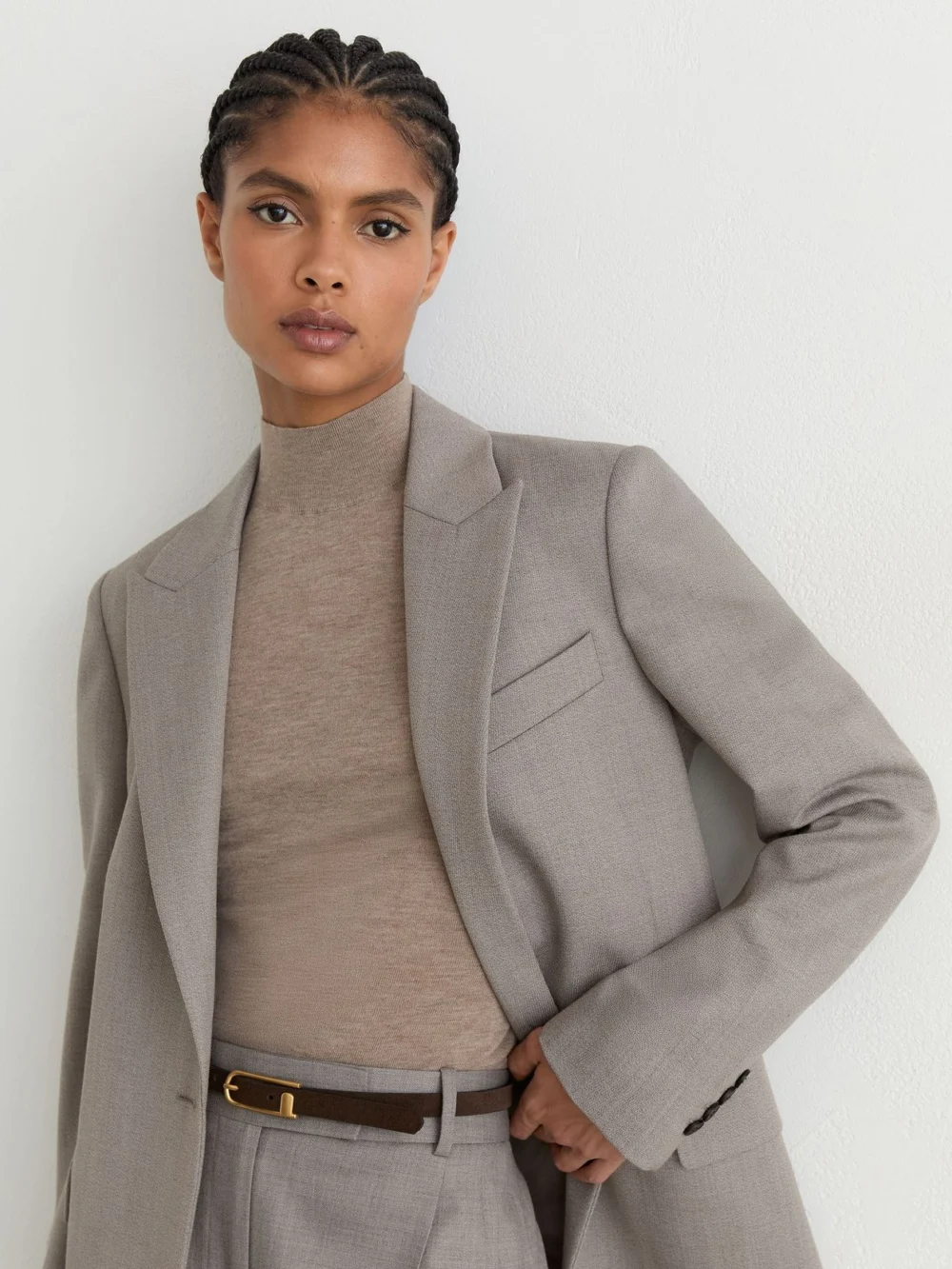 Reiss Grey Wool-blend Single-breasted Belted Blazer, view 4