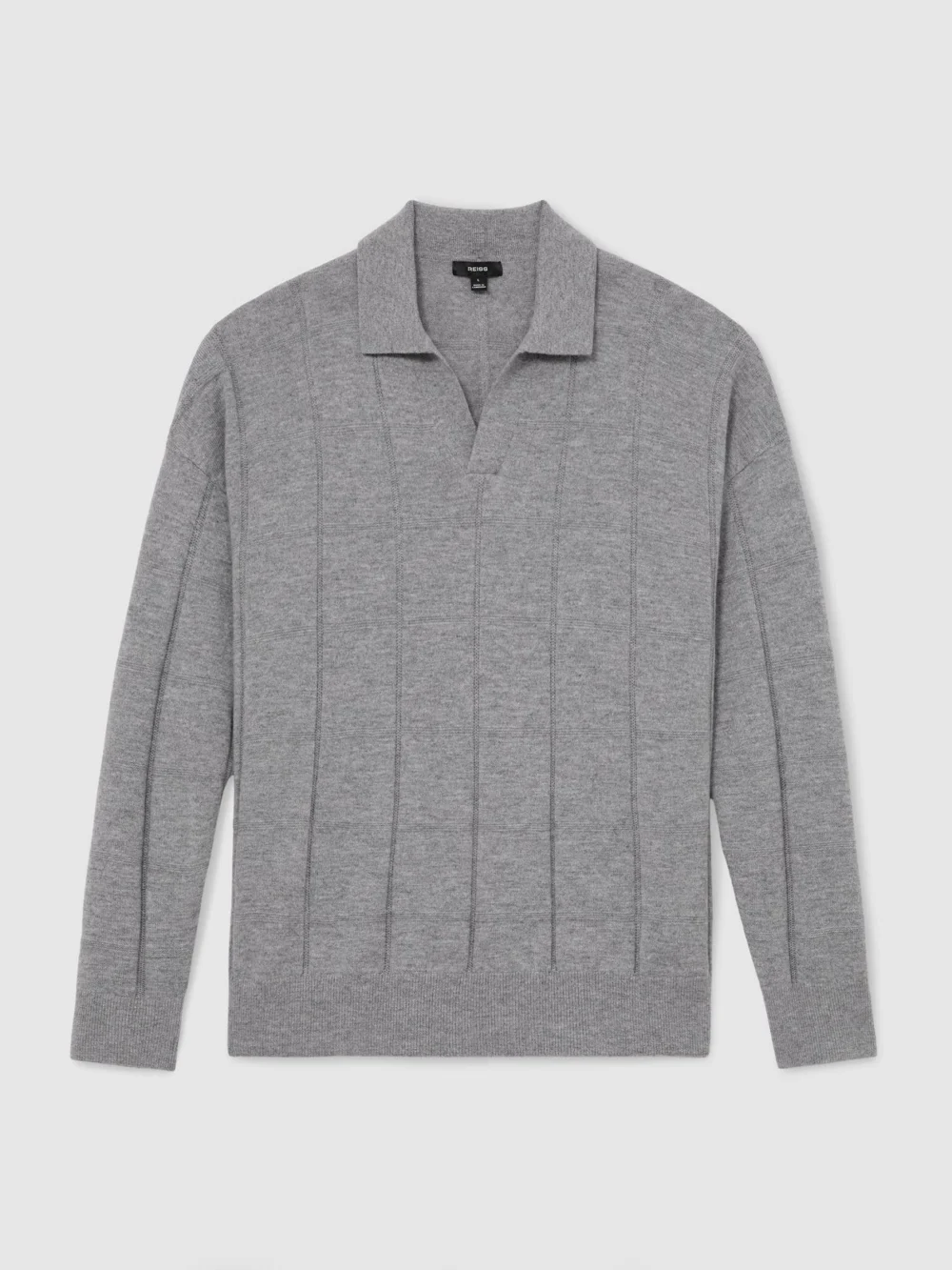 Reiss Grey Wool Square-textured Open-collar Polo Jumper, view 2