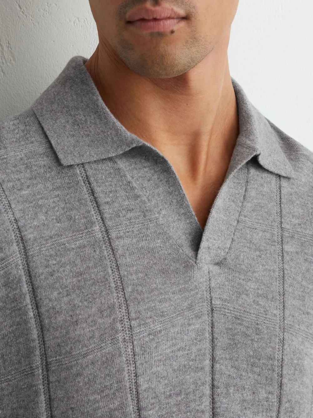 Reiss Grey Wool Square-textured Open-collar Polo Jumper, view 3