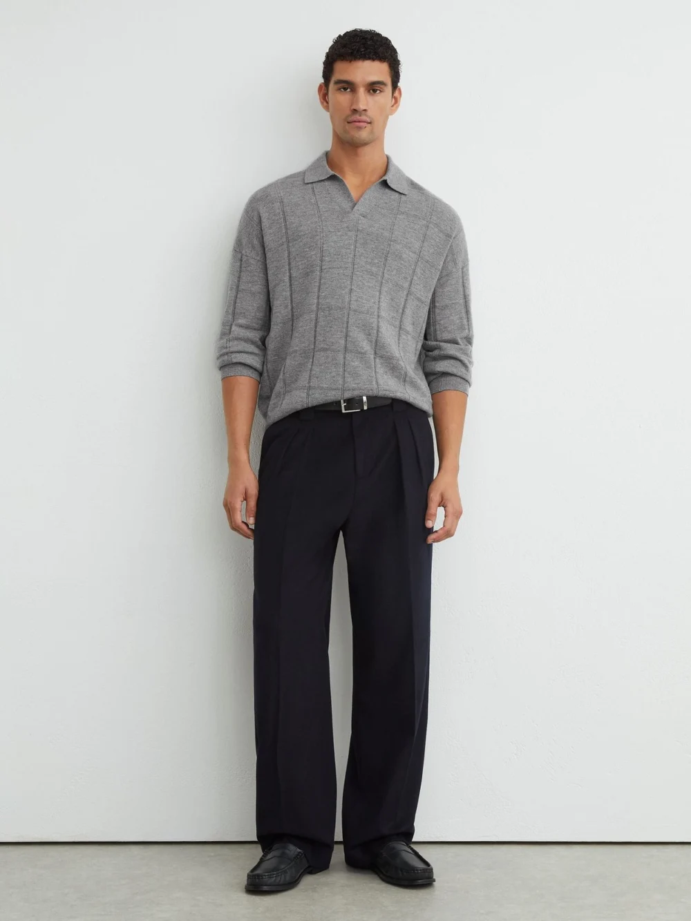 Reiss Grey Wool Square-textured Open-collar Polo Jumper, view 4