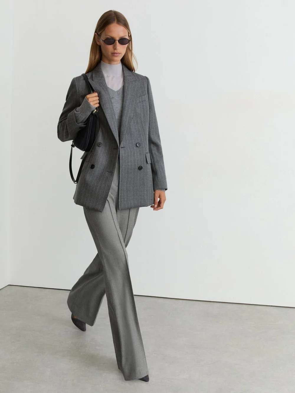 Reiss Grey Woven Pintuck-detail Flared Trousers