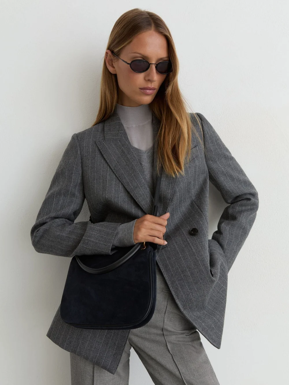 Reiss Grey Woven Pintuck-detail Flared Trousers, view 3