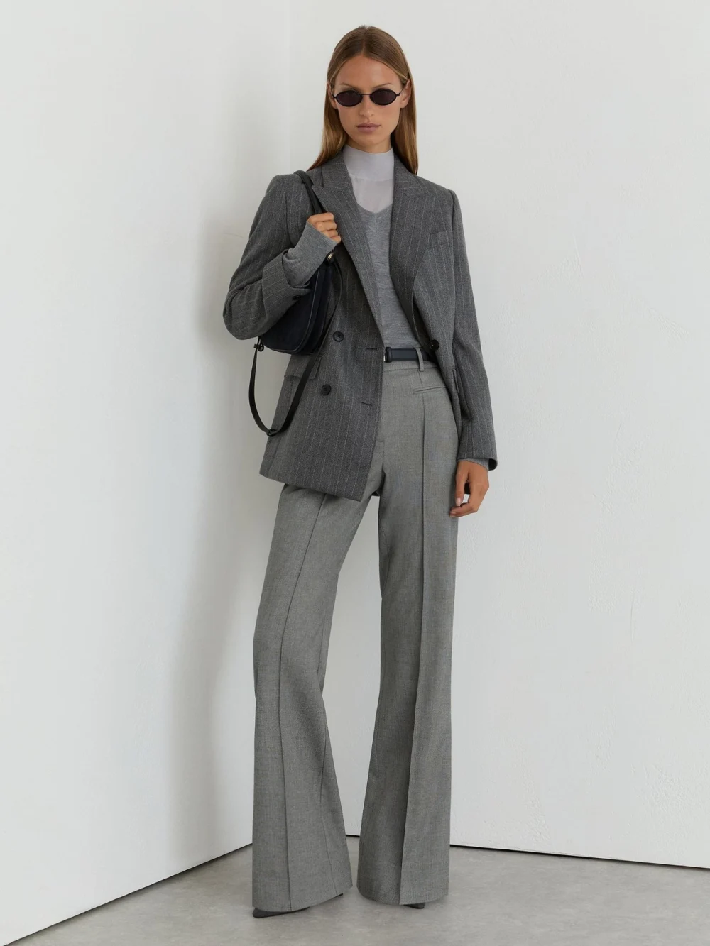 Reiss Grey Woven Pintuck-detail Flared Trousers, view 4
