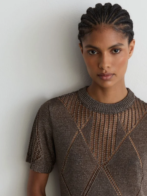 Reiss Gunmetal Grey Metallic Argyle Open-knit Top