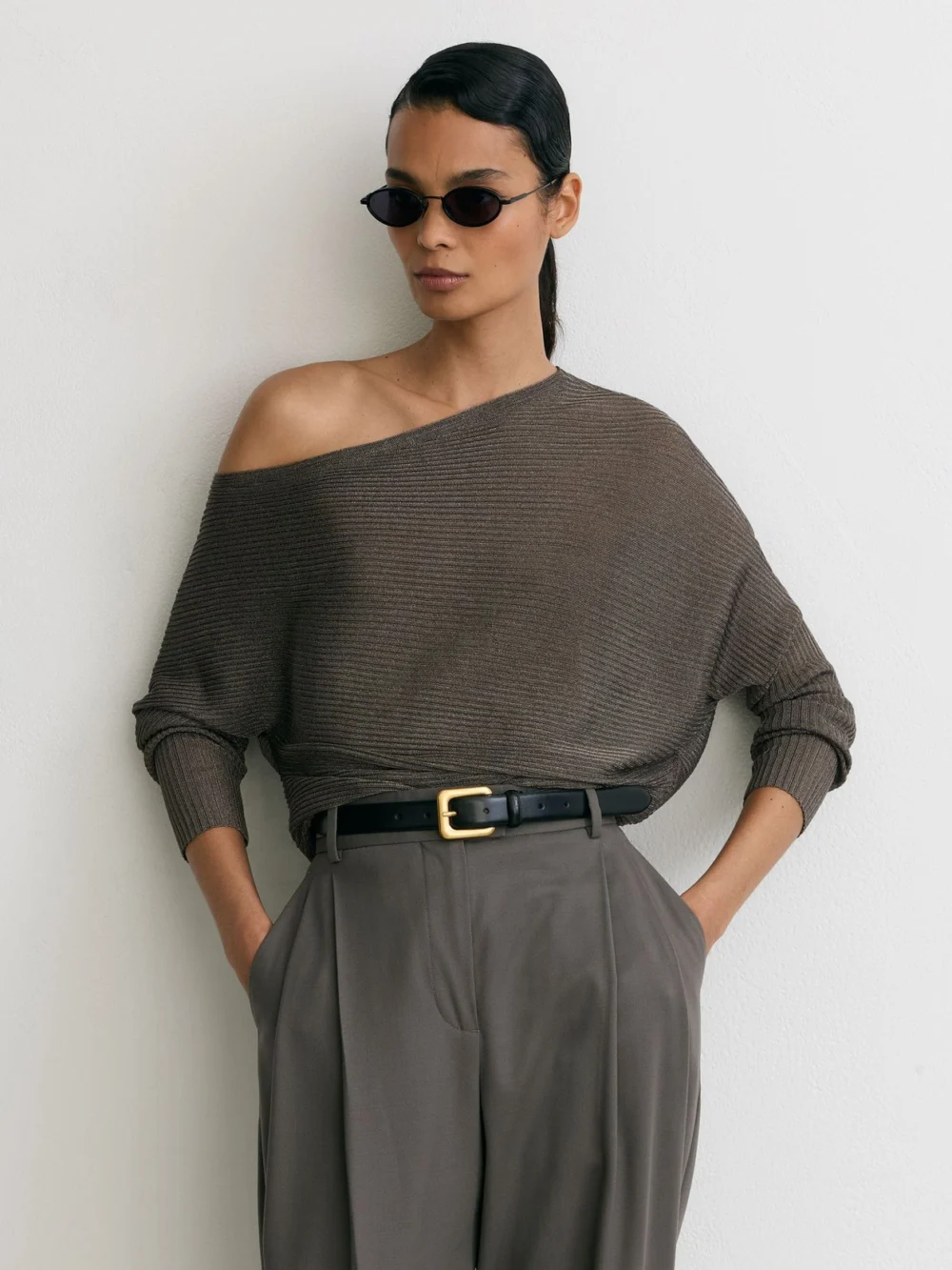 Reiss Gunmetal Grey Metallic-knit Asymmetric Draped Jumper
