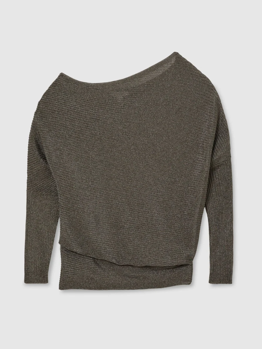 Reiss Gunmetal Grey Metallic-knit Asymmetric Draped Jumper, view 2