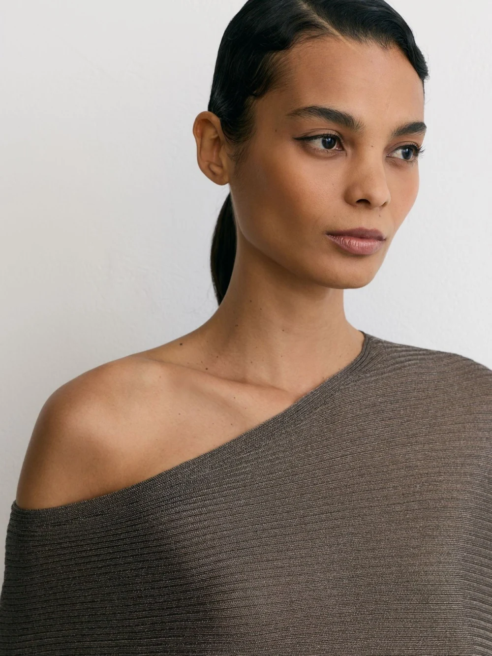 Reiss Gunmetal Grey Metallic-knit Asymmetric Draped Jumper, view 3
