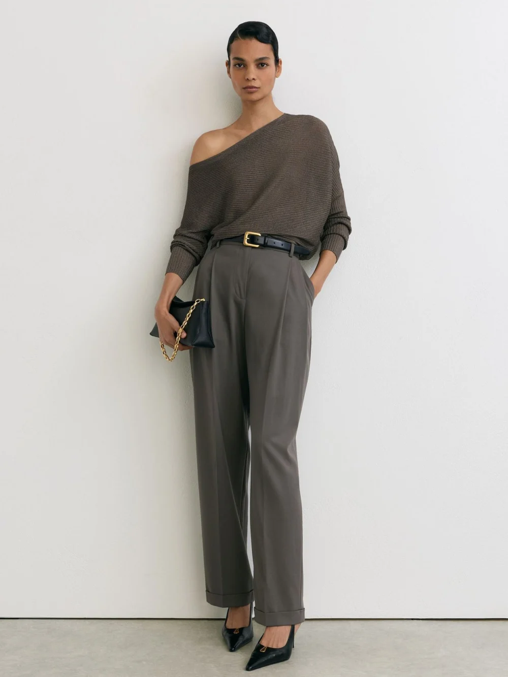 Reiss Gunmetal Grey Metallic-knit Asymmetric Draped Jumper, view 4