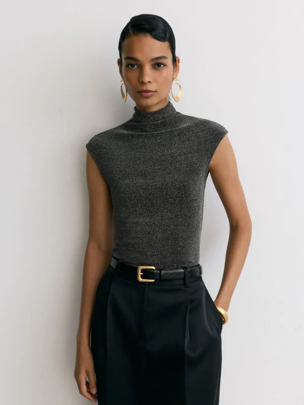 Reiss Gunmetal Silver Metallic Funnel-neck Top