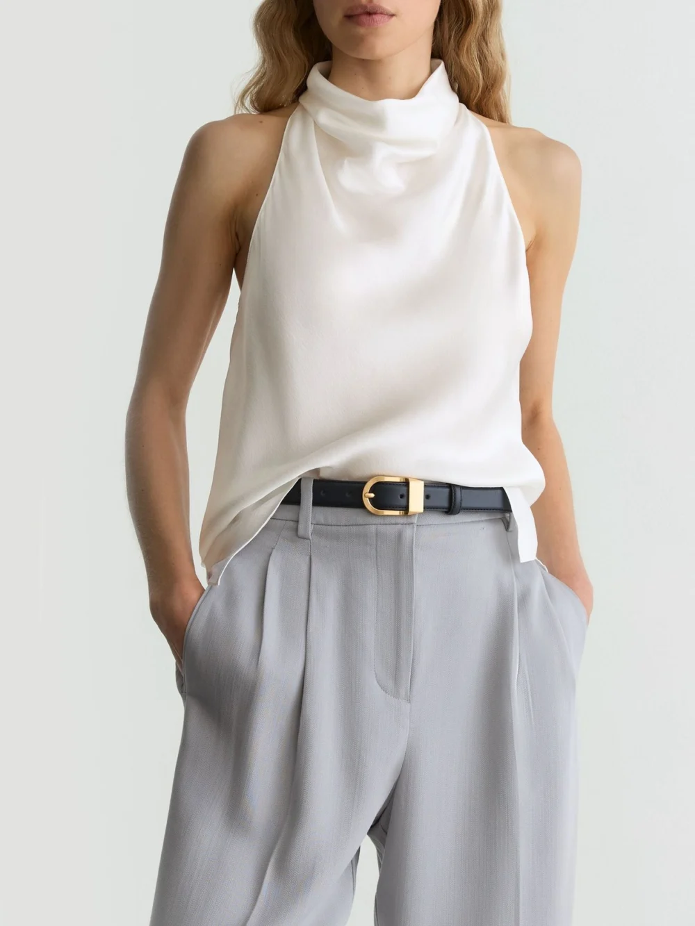 Reiss Hammered-silk Cowl-neck Top in ivory